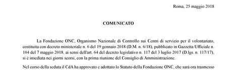 Terzo Settore Comunicato della Fondazione ONC